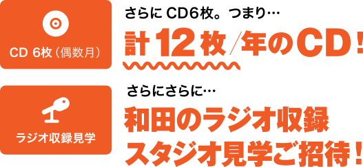 さらにCD6枚 つまり計12枚/年のCD! さらに和田のラジオ収録スタジオ見学ご招待!